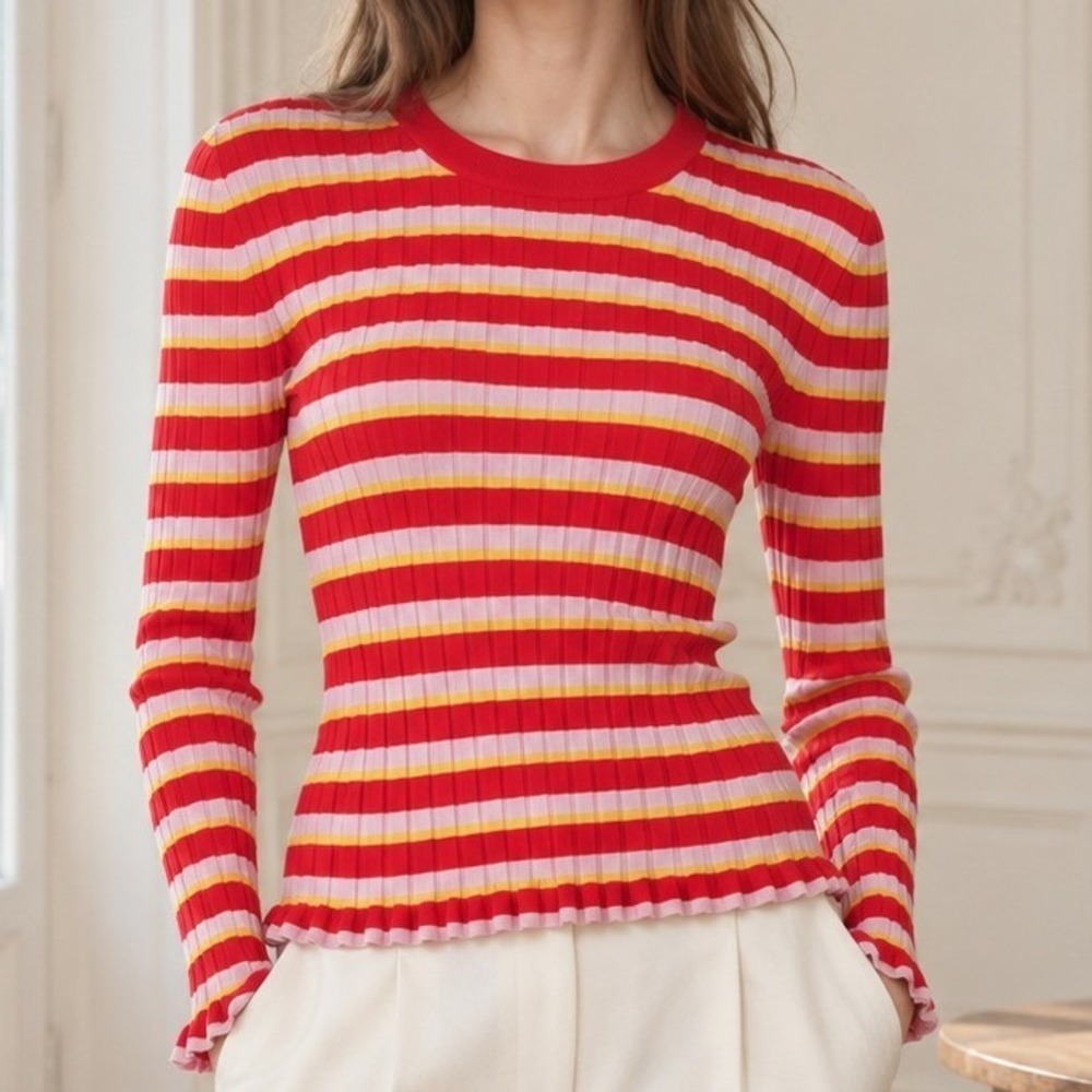 Altuzarra Chandler Striped Rib Knit Sweater Stretch Red Yellow Pink Size Small